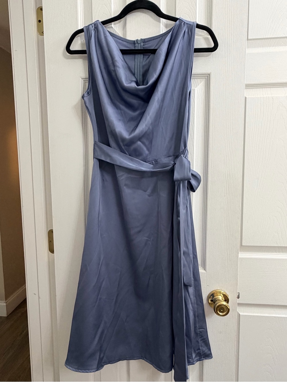Sleeveless Satin Cowl Neck Dress in Dusty Blue